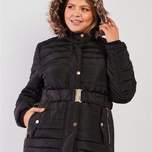 Plus Size Black Parallel Quilt Faux Fur Hood Belted Padded Long Puffer Jacket